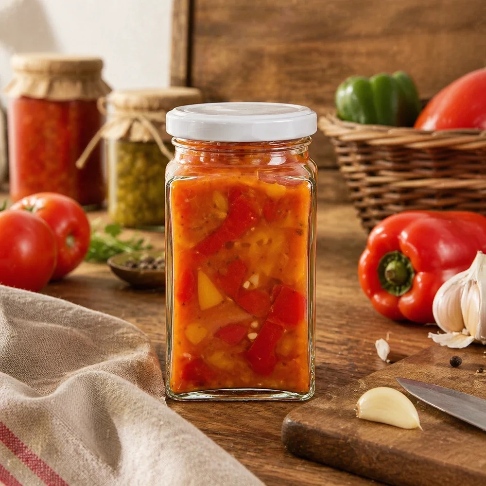 260 ml tetra pot BasicSeal gevuld met groentespread naast paprika, tomaat en knoflook rustieke keukenconserven