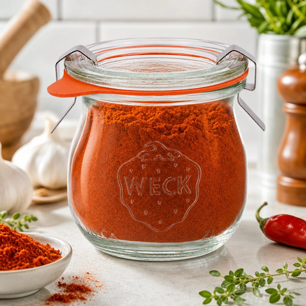 WECK tulpenpot 75ml RR40 gevuld met paprikapoeder in mediterrane kruidenkeuken met verse kruiden en chilipeper