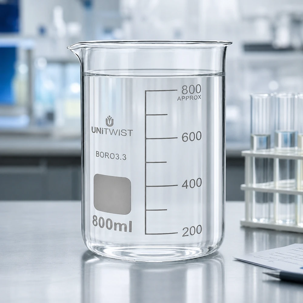 UNITWIST BORO3.3 bekerglas, 800 ml, hoog model met wit labelveld voor laboratoriumgebruik