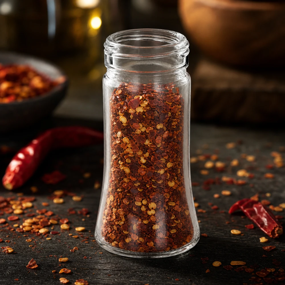 Specerijenglas, trapezevorm 95 ml met 41 mm schroefdraad, helder glas, zonder sluiting Kruidenstrooier Bobby van helder glas, 95 ml, met rode chilipoeder in een sfeervolle omgeving