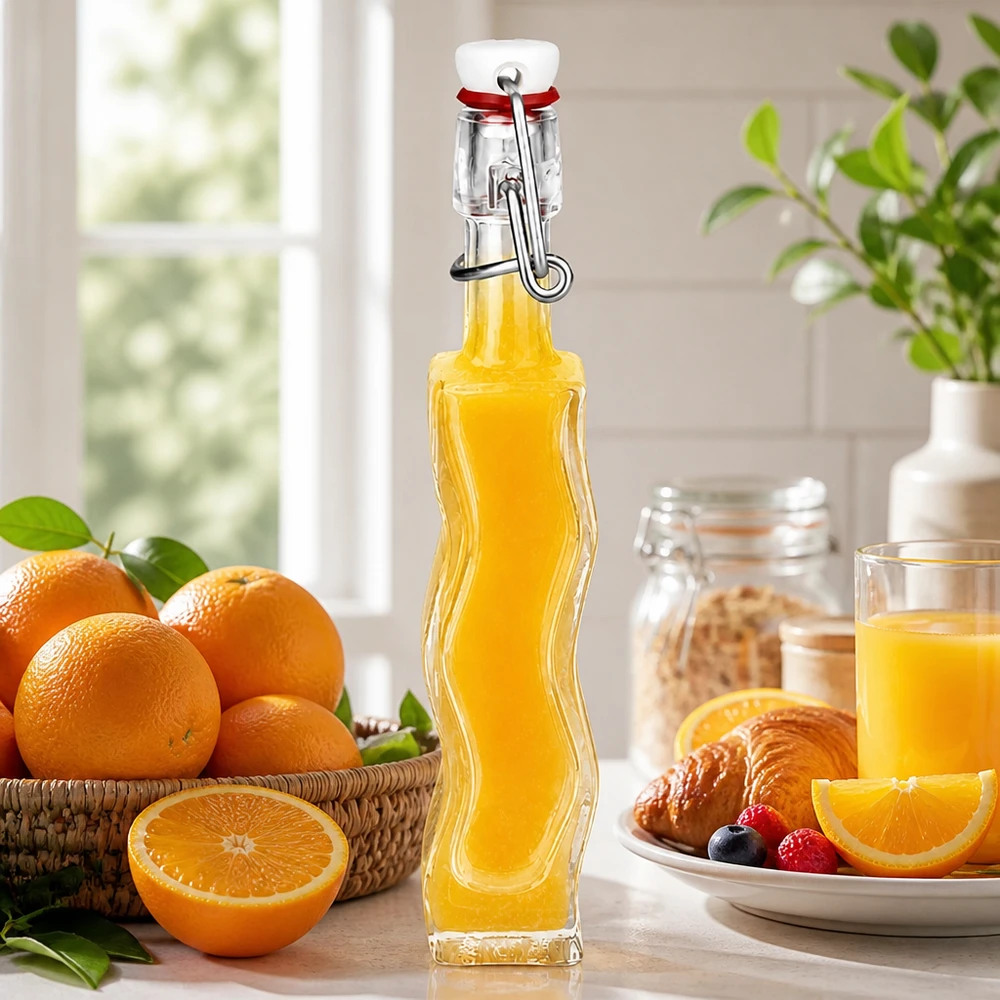 40ml glazen Anna-fles met oranjekleurige vulling naast verse sinaasappels en croissants in een zonnige keukenscène