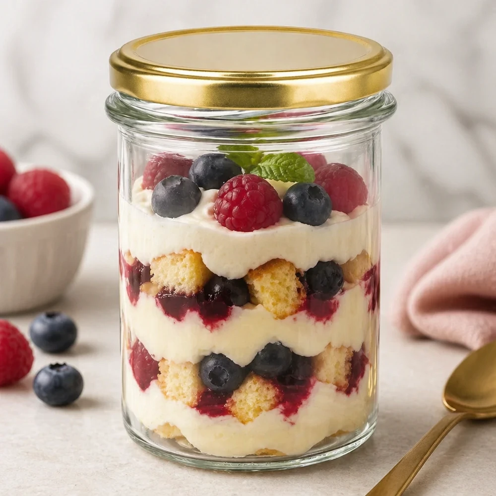 230ml BasicSeal gouden UNiTWIST bekers gevuld met gelaagde dessert bessencrème als dessertglas