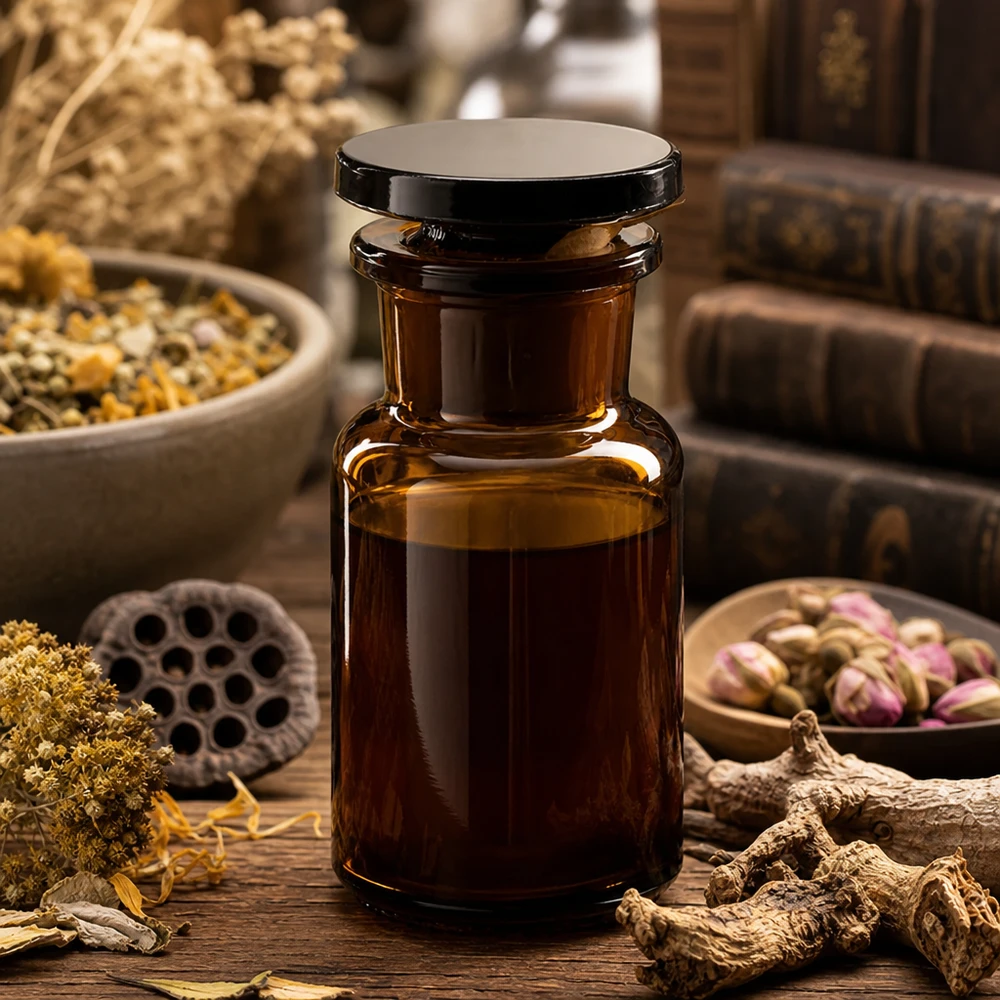 Flesje etherische olie van 50 ml, bruin, met brede hals en glazen stop, op een houten tafel met kruiden en geneeskrachtige planten
