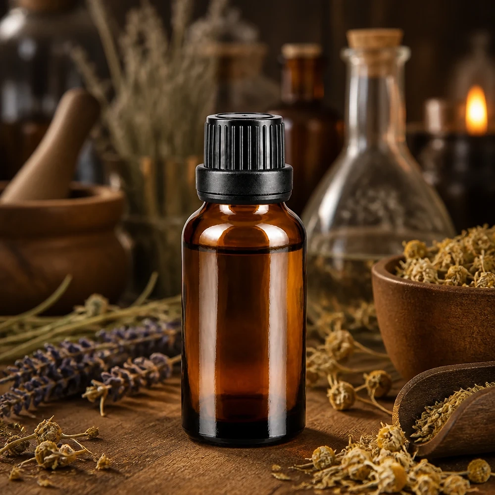 Lichtbeschermende fles van 20 ml van bruin apothekersglas met een zwarte OV-sluiting en kruidendecoratie