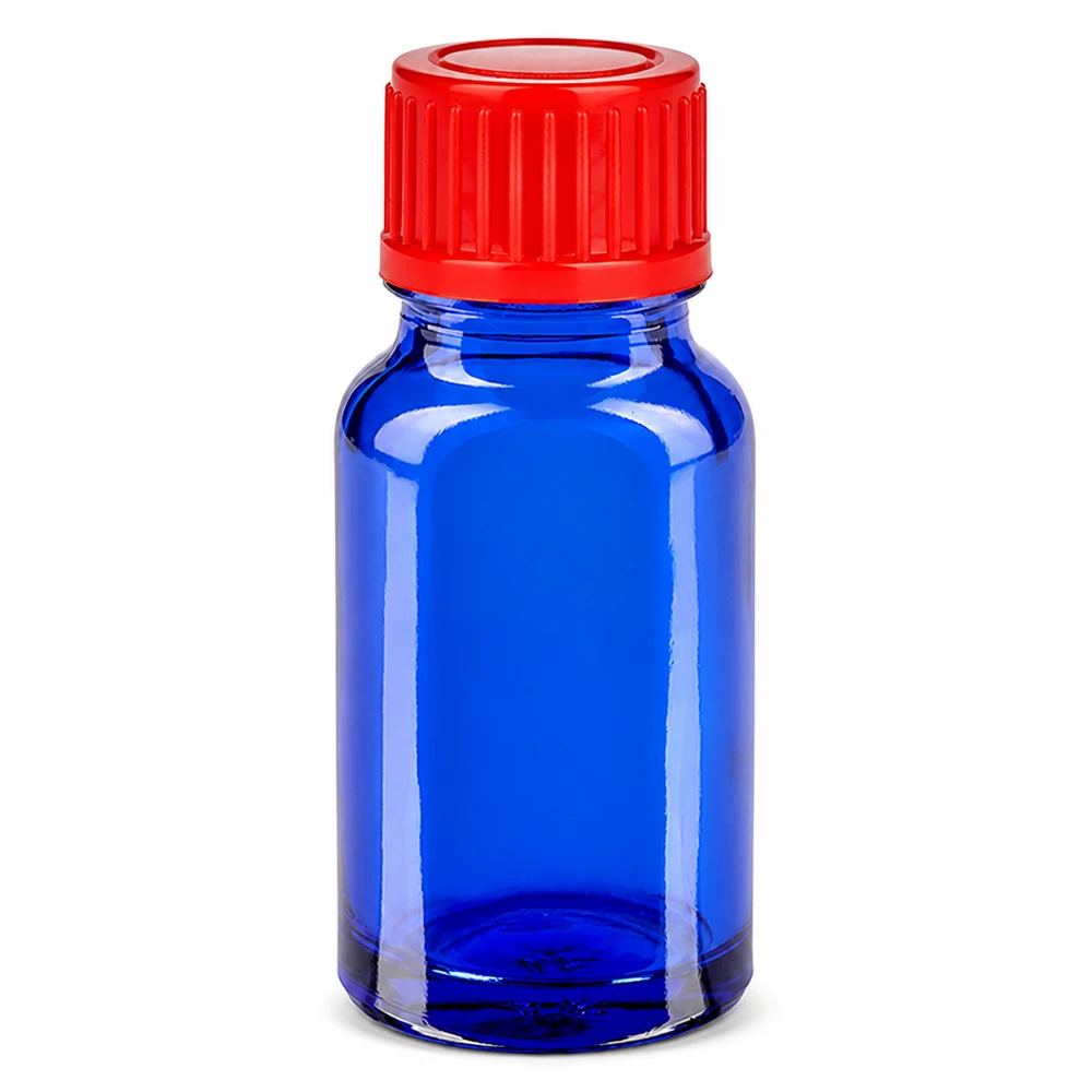 Hoogwaardig blauw glazen flesje 10ml met stevige rode plastic schroefdop