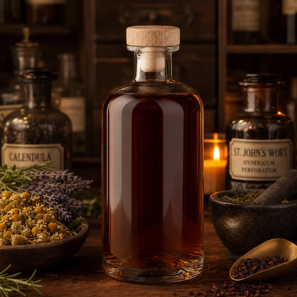 500ml glazen fles Flora met houten kurk bruine tinctuur tussen kruiden Calendula St Janskruid Apothekerssfeer