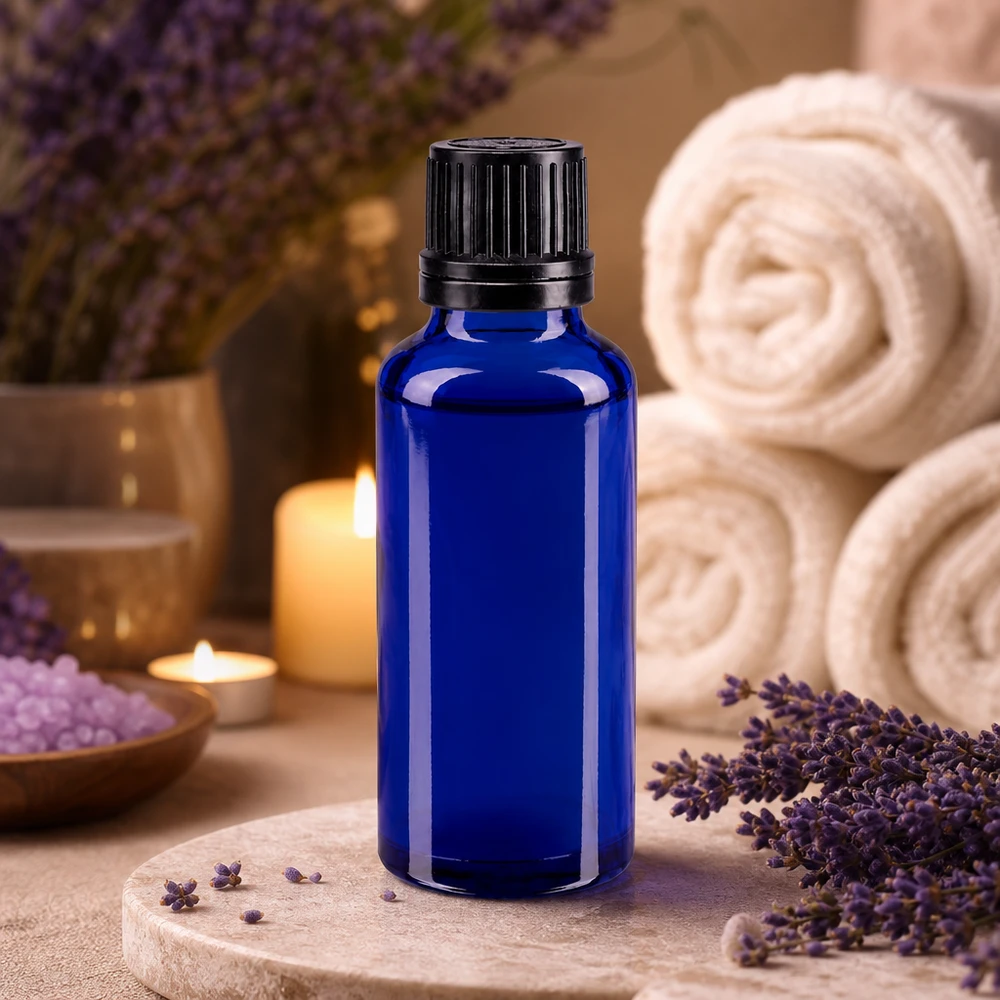 Blauwe glazen flessen 30ml met zwart druppelsluiting 1mm VR Blauwe apothekersfles van 30 ml met druppelaar en zwarte, verzegelde dop