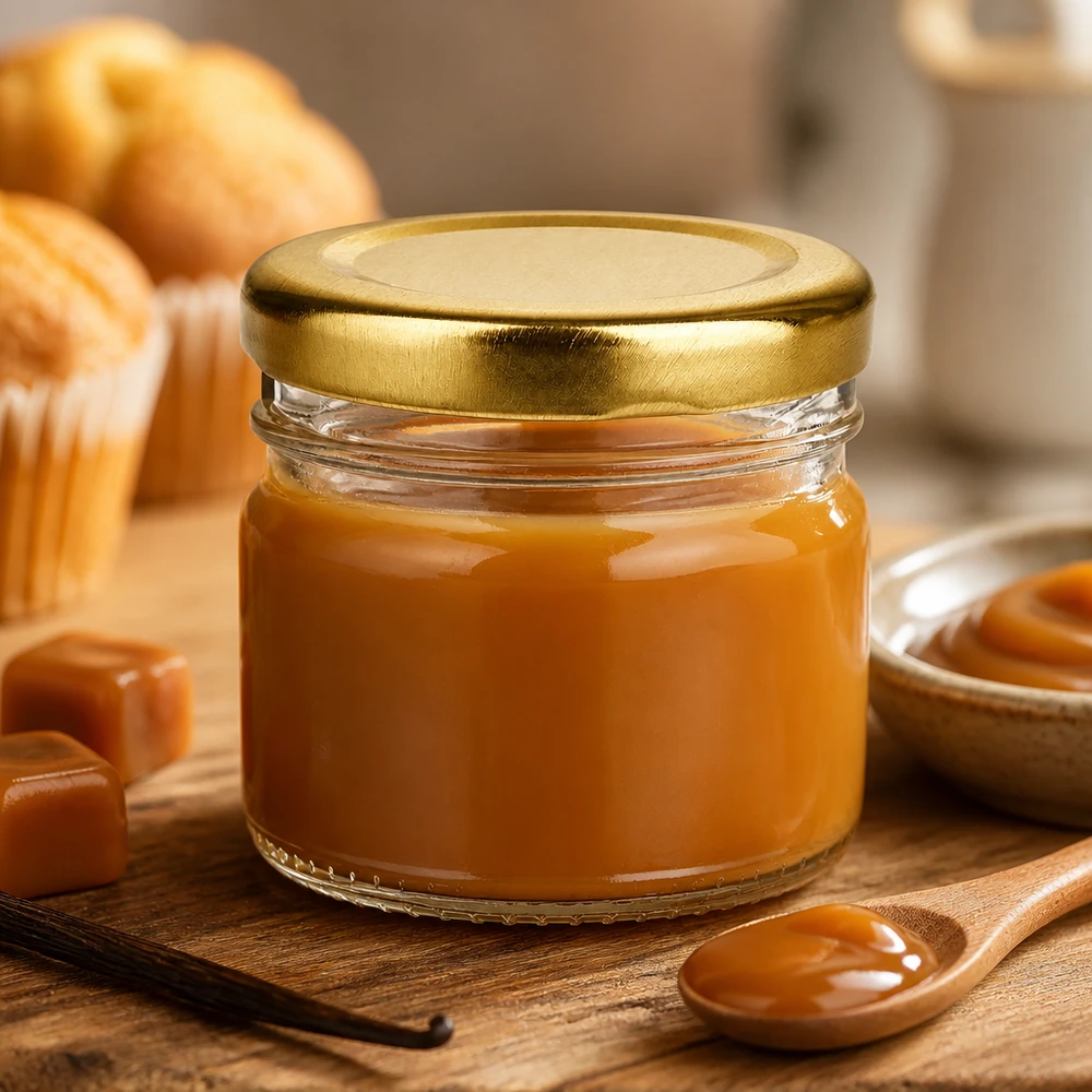 Compact UniTwist-portieglas van 33 ml met gouden deksel, naast een houten lepel en stukjes karamel
