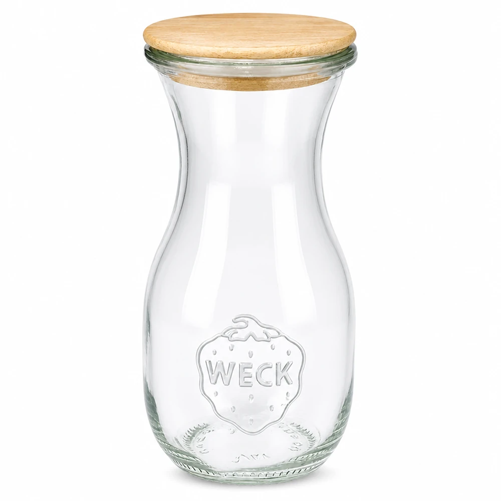290ml sapflessen WECK RR60 met hout deksel WECK sapfles 290ml van glas met houten deksel en logo in reliëf op witte achtergrond