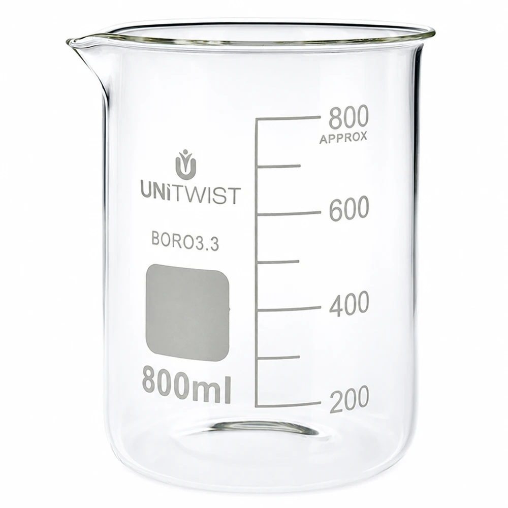 Borosilicaat bekerglas, laag model, 800 ml, met tuit en witte schaalverdeling