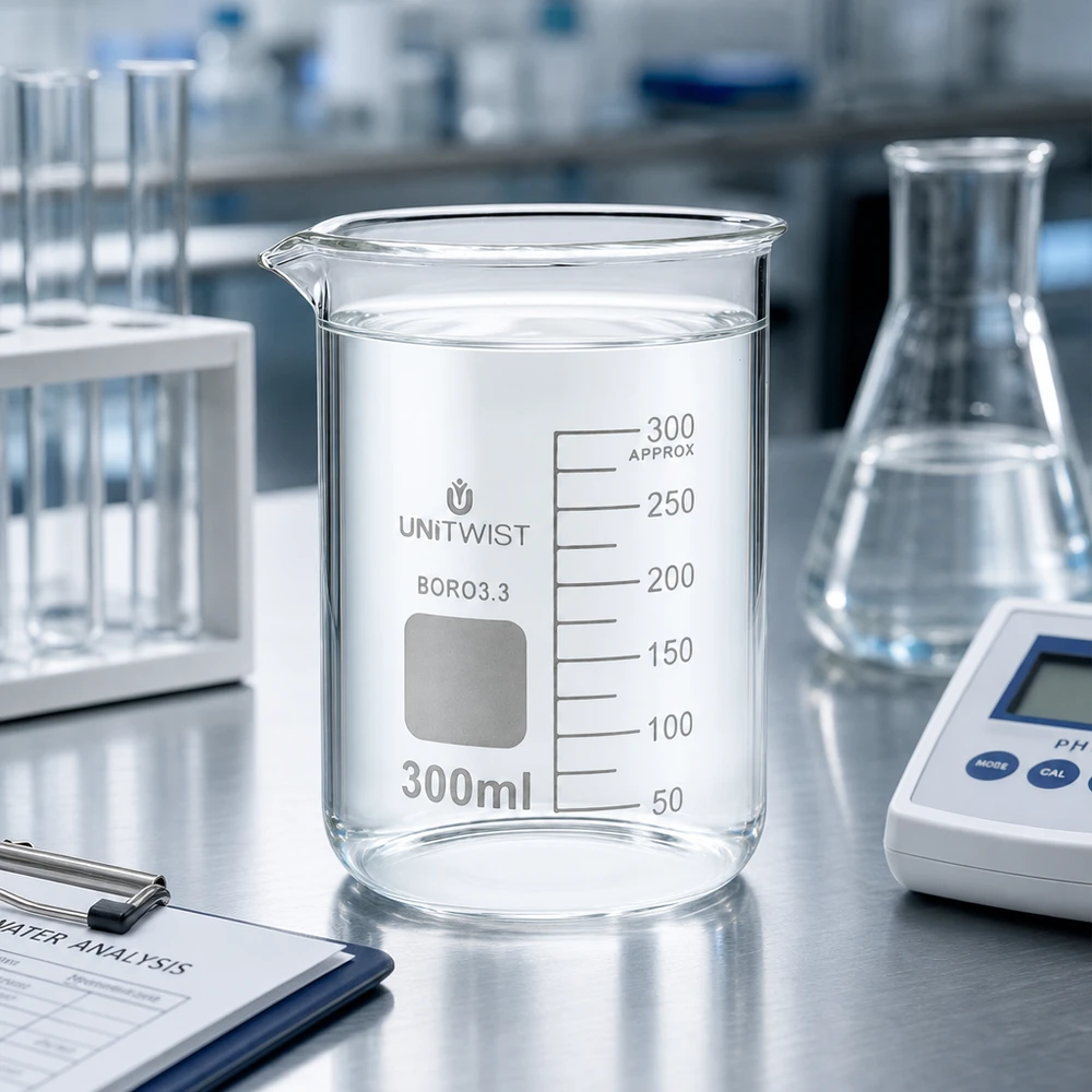 Beker 300ml borosilicaat, lage vorm UNiTWIST UNiTWIST laboratoriumglas 300 ml, borosilicaat 3.3, voor wateranalyse in het scheikundelaboratorium