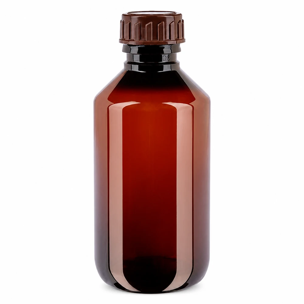 PET-fles 200ml met bruine dop Standaard Braune PET Apothekerflasche 200ml mit gerilltem Schraubverschluss standard