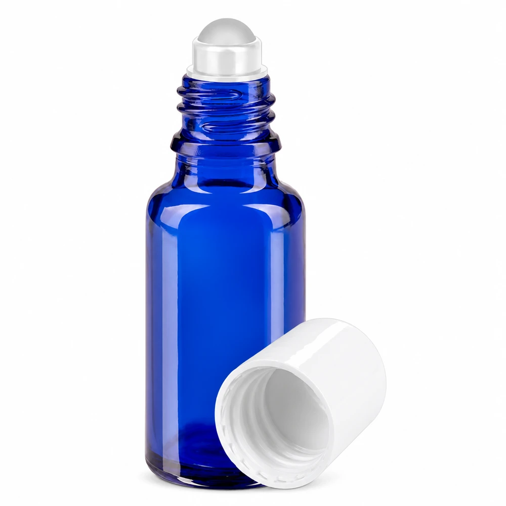 Apothekersflesje blauw 20ml roll-on cap wit Kleine blauwe glazen fles met roll-on-dop, 20 ml, ideaal voor etherische oliën