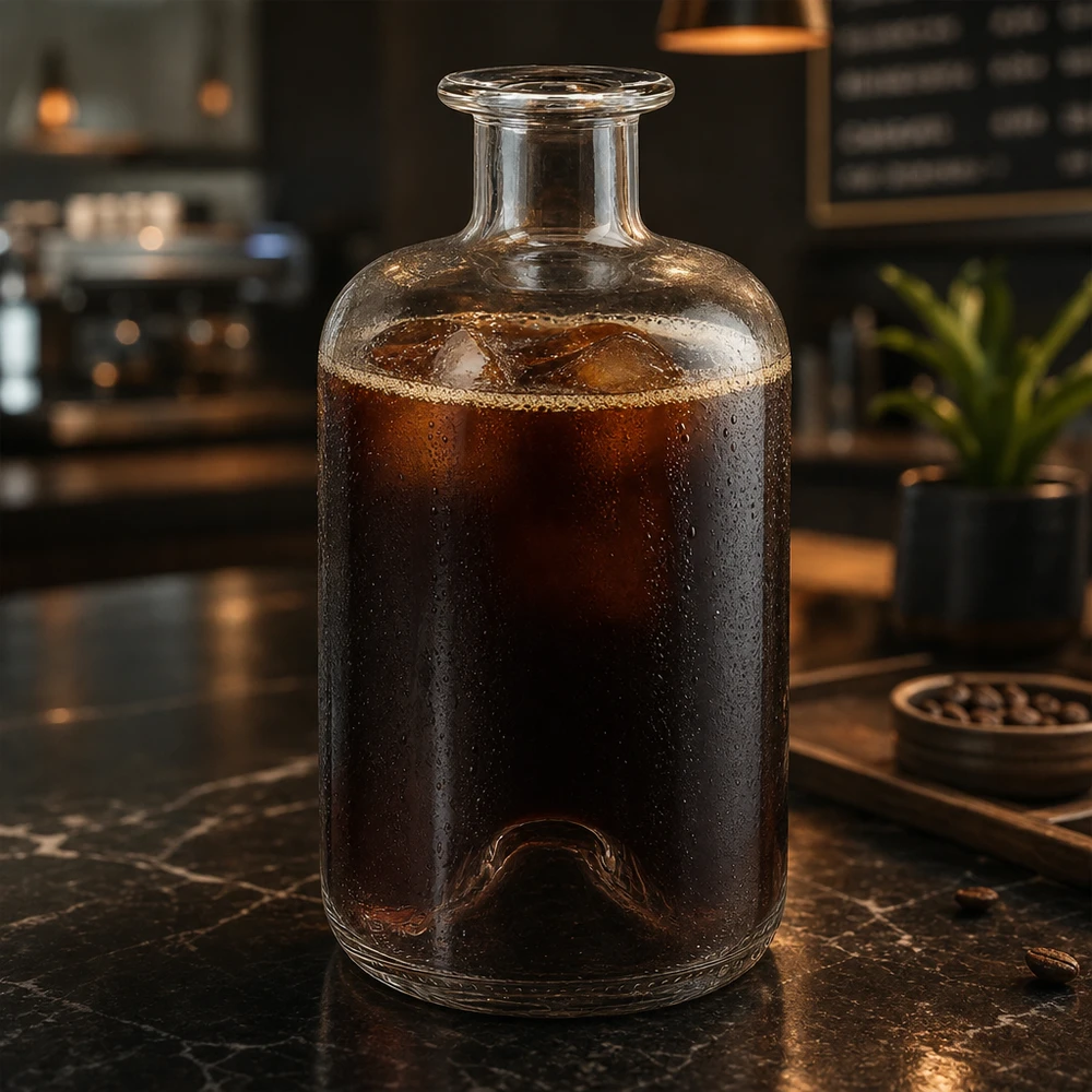 Apothekersfles Luna 500ml gevuld met cold brew koffie op een marmeren tafel in een moderne café sfeer