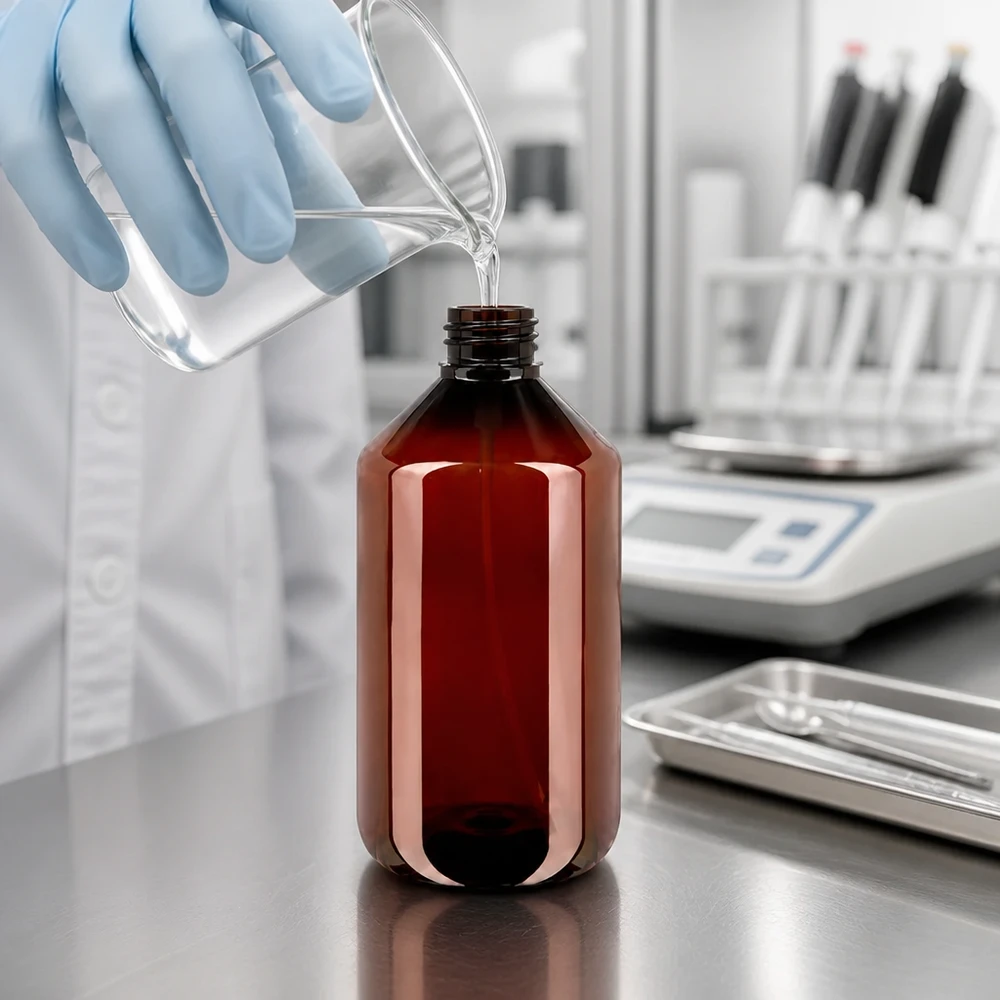 500 ml PET medicijnfles met verstuiver wit GCMI 28/410 incl. dop transparant, standaard Robuste 500ml Sprühflasche aus PET in Braun mit weissem Zerstäuber für pharmazeutische Anwendungen