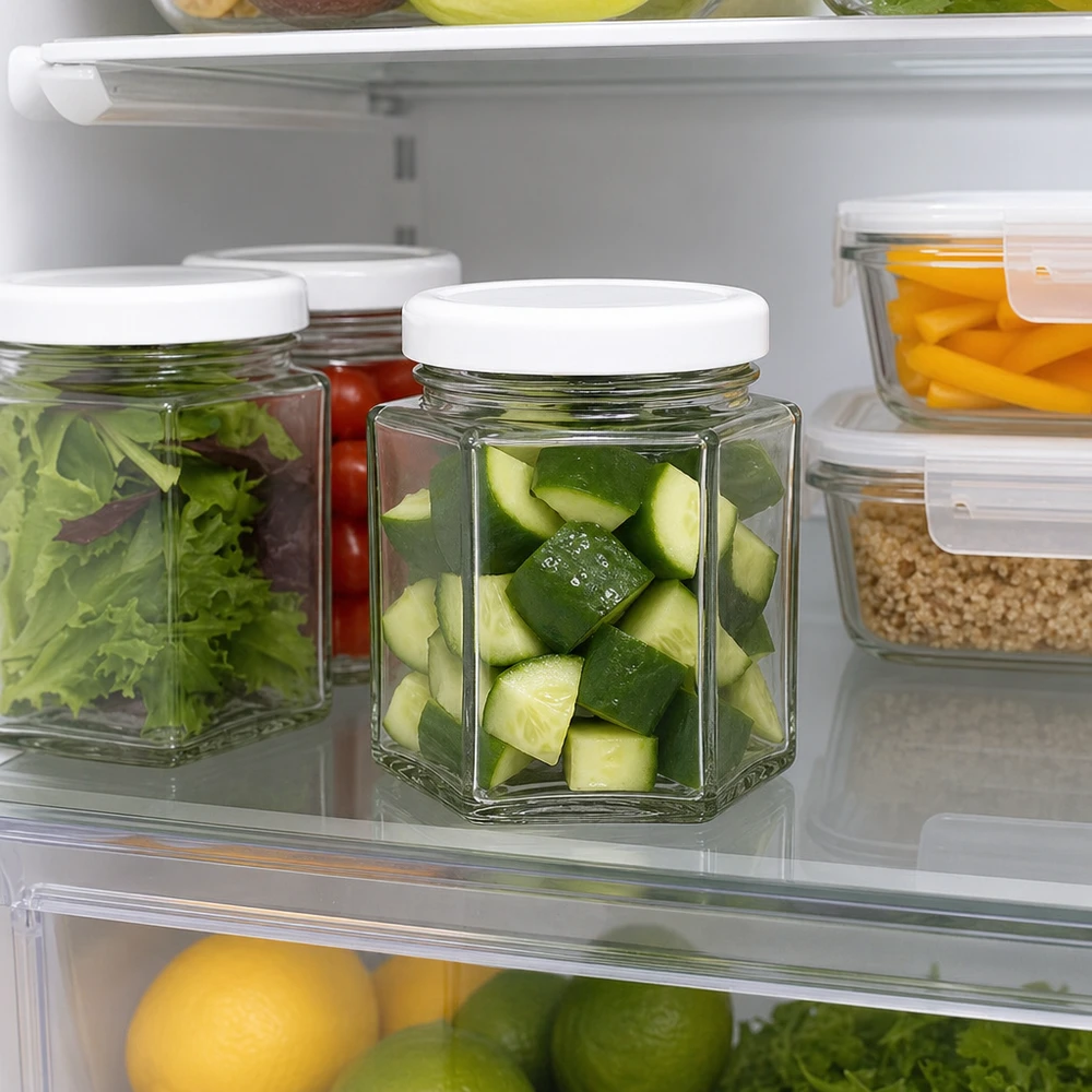 47 ml hexa potje met wit BasicSeal deksel gevuld met komkommerstukjes in de koelkast om vers te bewaren
