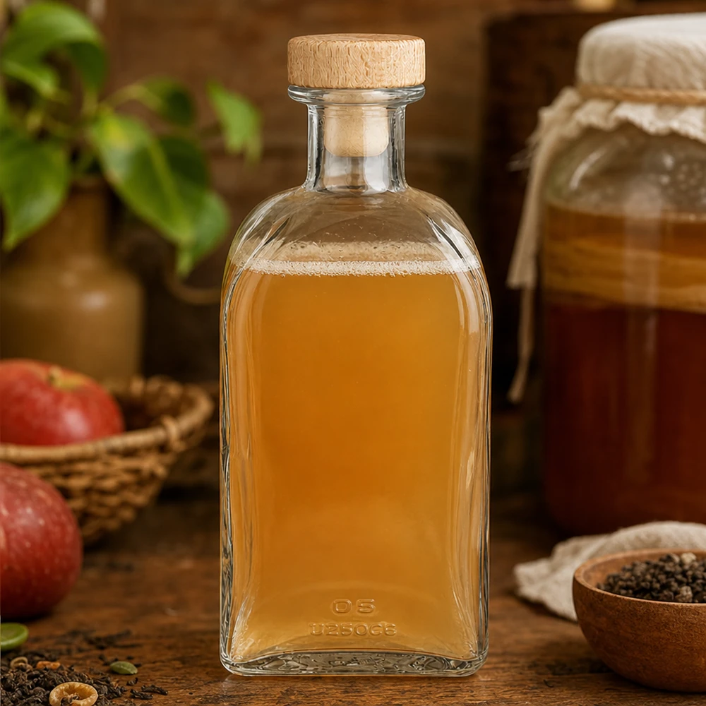 500 ml apothekersfles Julia met houten handvat en kurk UNiTWIST® 500ml Julia glazen fles met houten kurk gevuld met appelsap tussen appels en kruiden op aanrecht