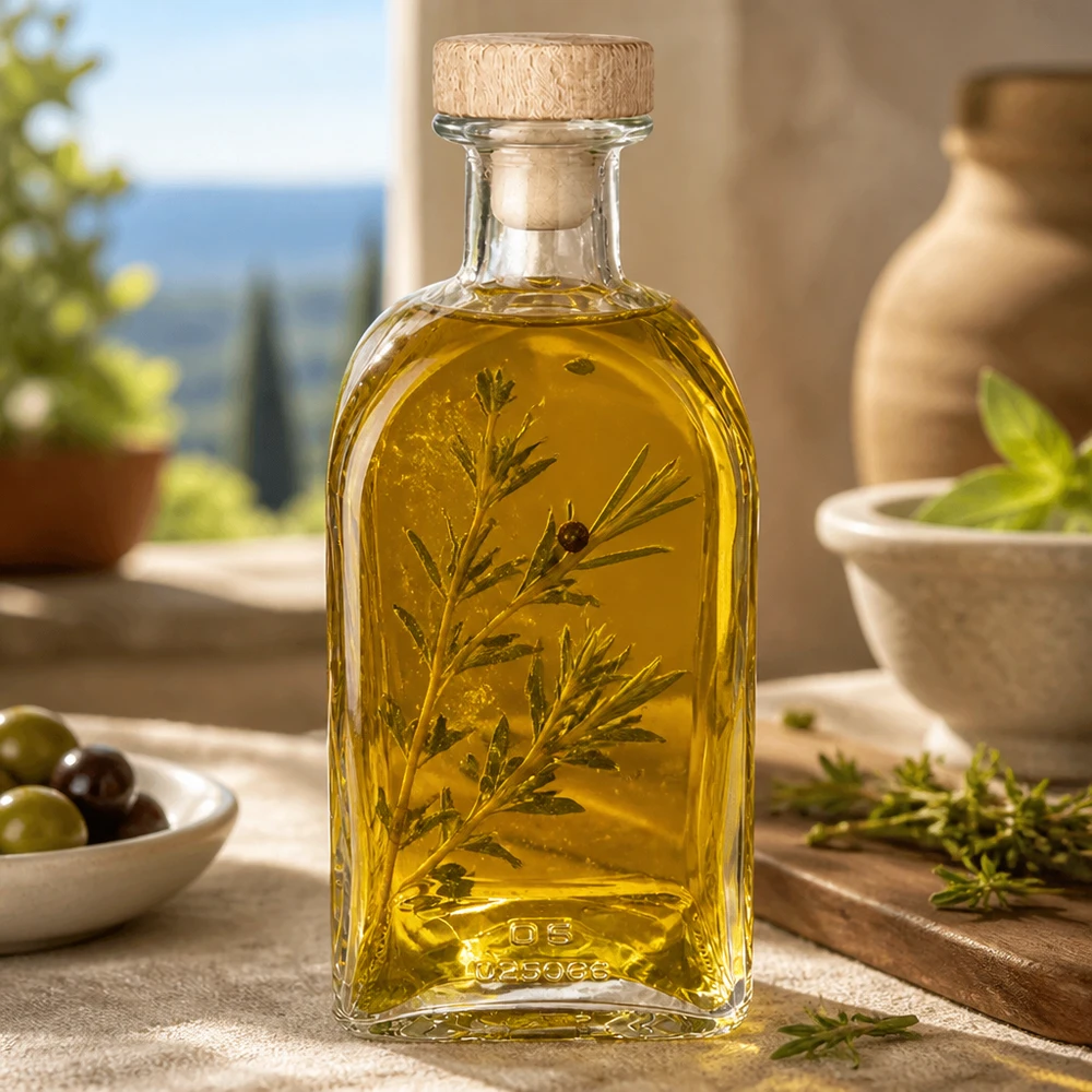 500 ml apothekersfles Julia met houten handvat en kurk UNiTWIST® 500ml Glasflasche Julia mit Holzkorken gefüllt mit Kräuteröl mediterranes Ambiente Olivenöl Gewürzöl Dekoration