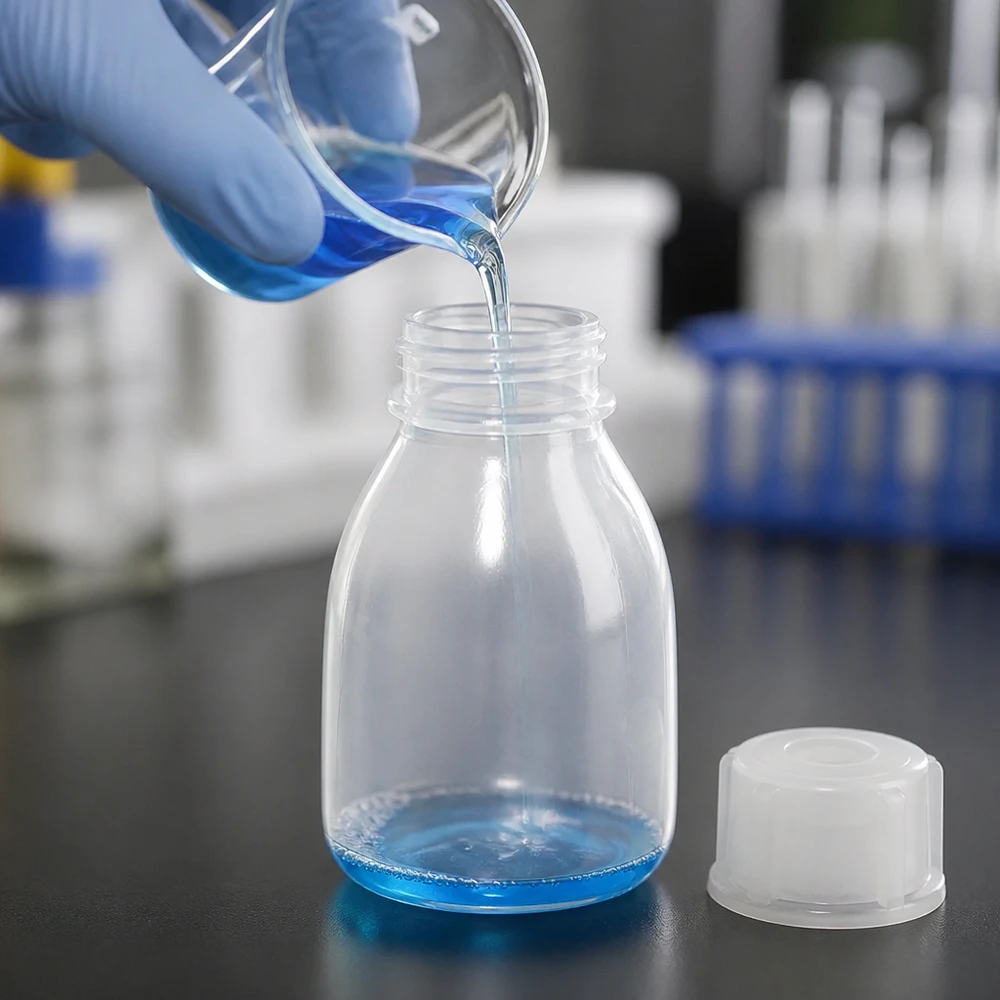 Nauwe hals laboratoriumfles 10ml met schroefsluiting Doorzichtige kunststof schroeffles van 10 ml tijdens het vullen met een blauwe chemische oplossing