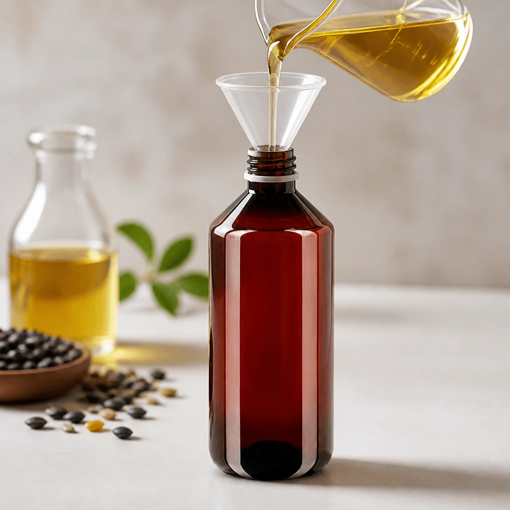 Stevige PET-fles van 1000 ml in bruin met een witte klapsluiting voor vloeibare natuurproducten