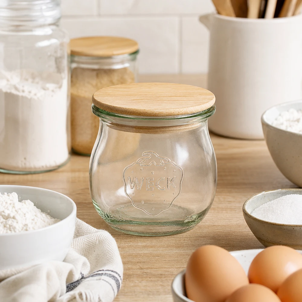 WECK tulpenpot RR40 75ml met bamboe deksel in een moderne keuken omringd door eieren, bloem en keukengerei