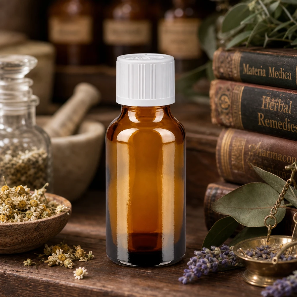 Bruin glazen flesje van 20 ml met kindveilige witte dop voor natuurgeneeskunde en fytotherapie