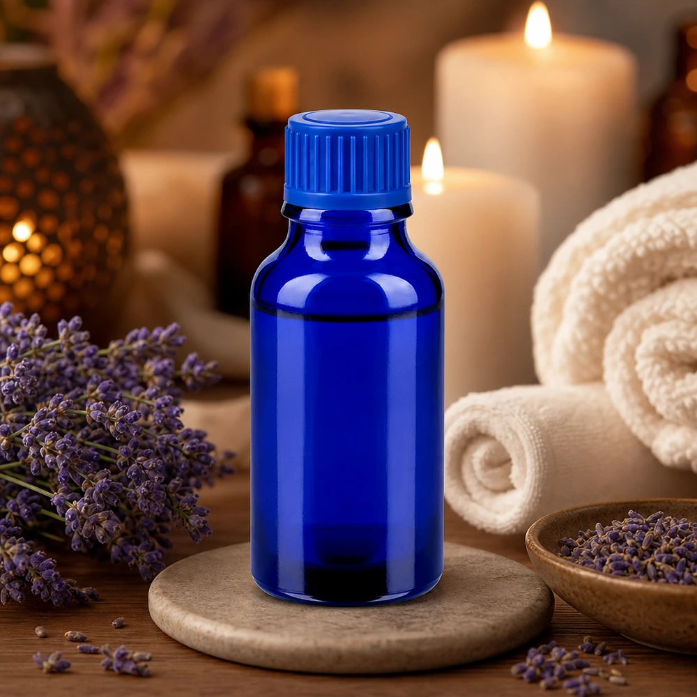 Compact glazen flesje van 20 ml in blauw met 11 mm standaard dop voor nauwkeurig doseren