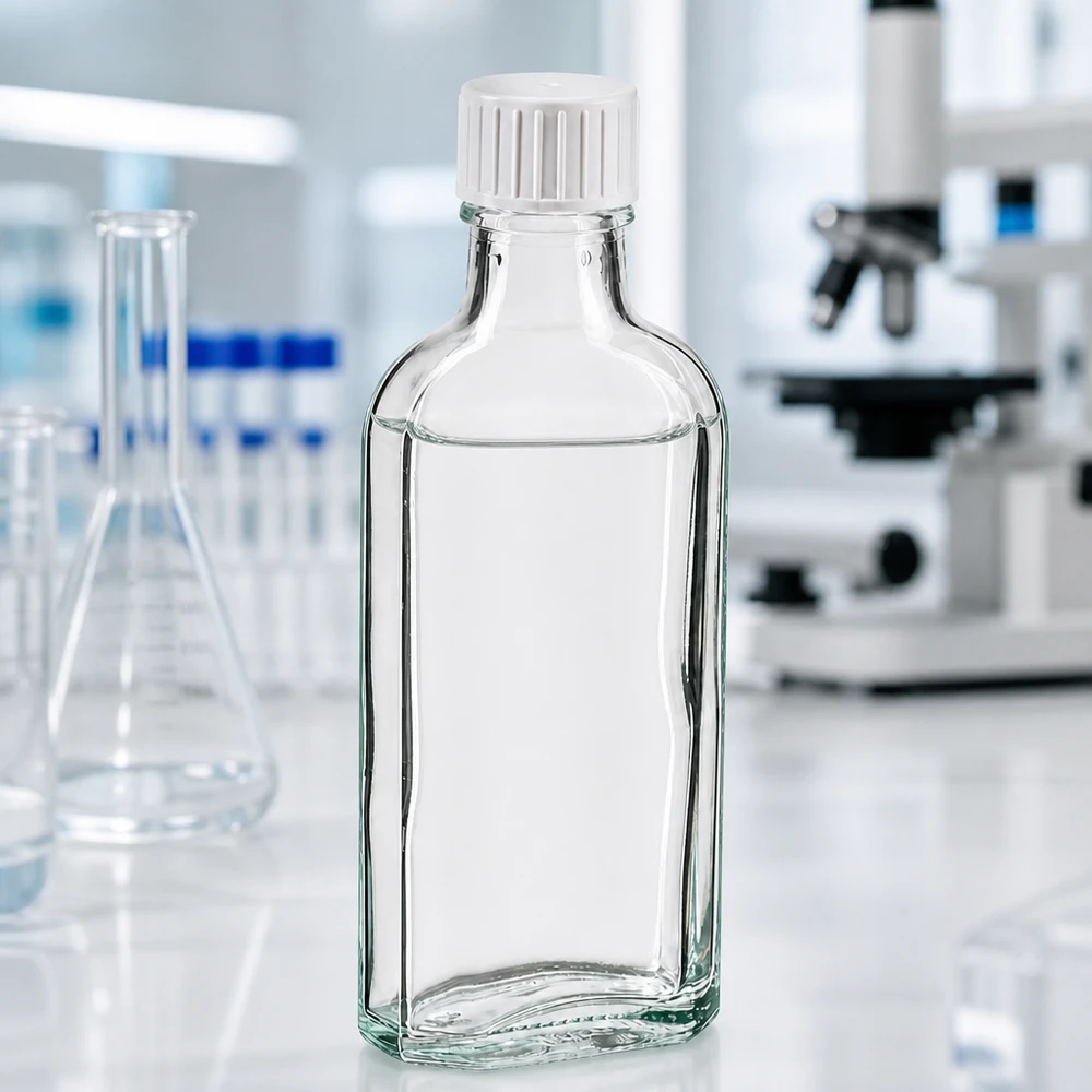 100 ml witte meplatfles met DIN 22 monding, inclusief schroefsluiting DIN 22 wit met gietring Laboratoriumbenodigdheden: rechthoekige glazen fles van 100 ml met witte schroefdop