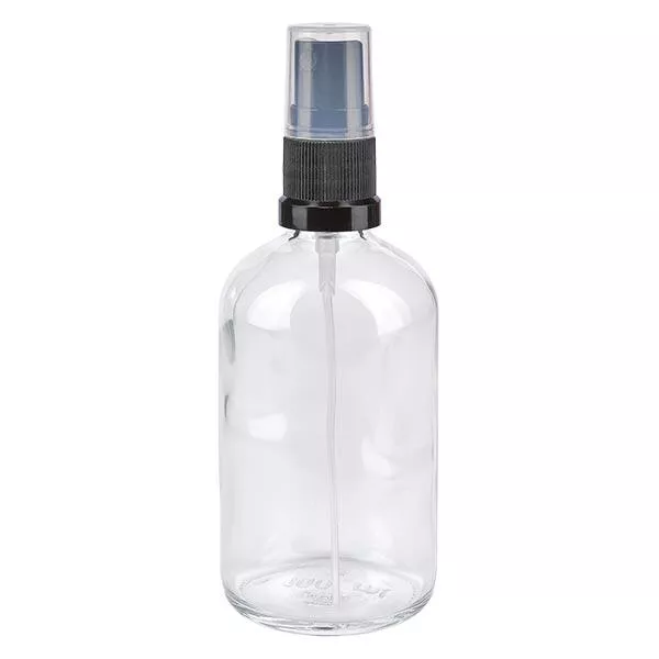 Helder glazen flessen 100ml met zwart pompverstuiver Helder glazen flessen 100ml met zwart pompverstuiver