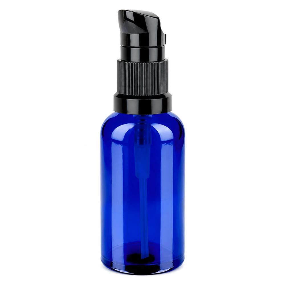 Cosmetisch pompflesje 50ml blauw met zwart pompje STD BlueLine UT18/50