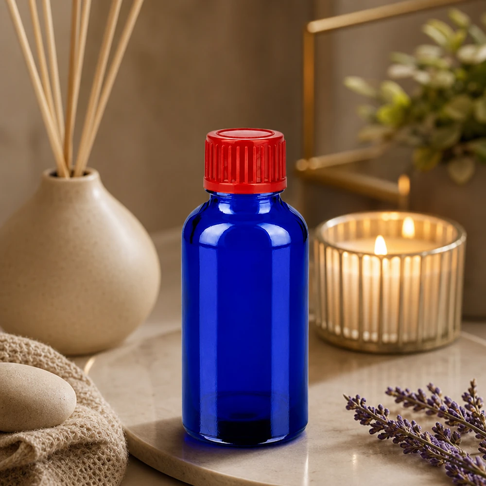 Veelzijdig glazen flesje van 30 ml met rood deksel, ideaal voor doe-het-zelfcosmetica en natuurlijke remedies