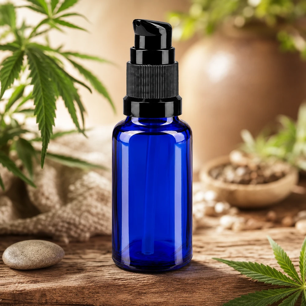 Hoogwaardige blauwe druppelfles van 20 ml met zwarte pompdispenser, gemaakt van apothekersglas, voor oliën