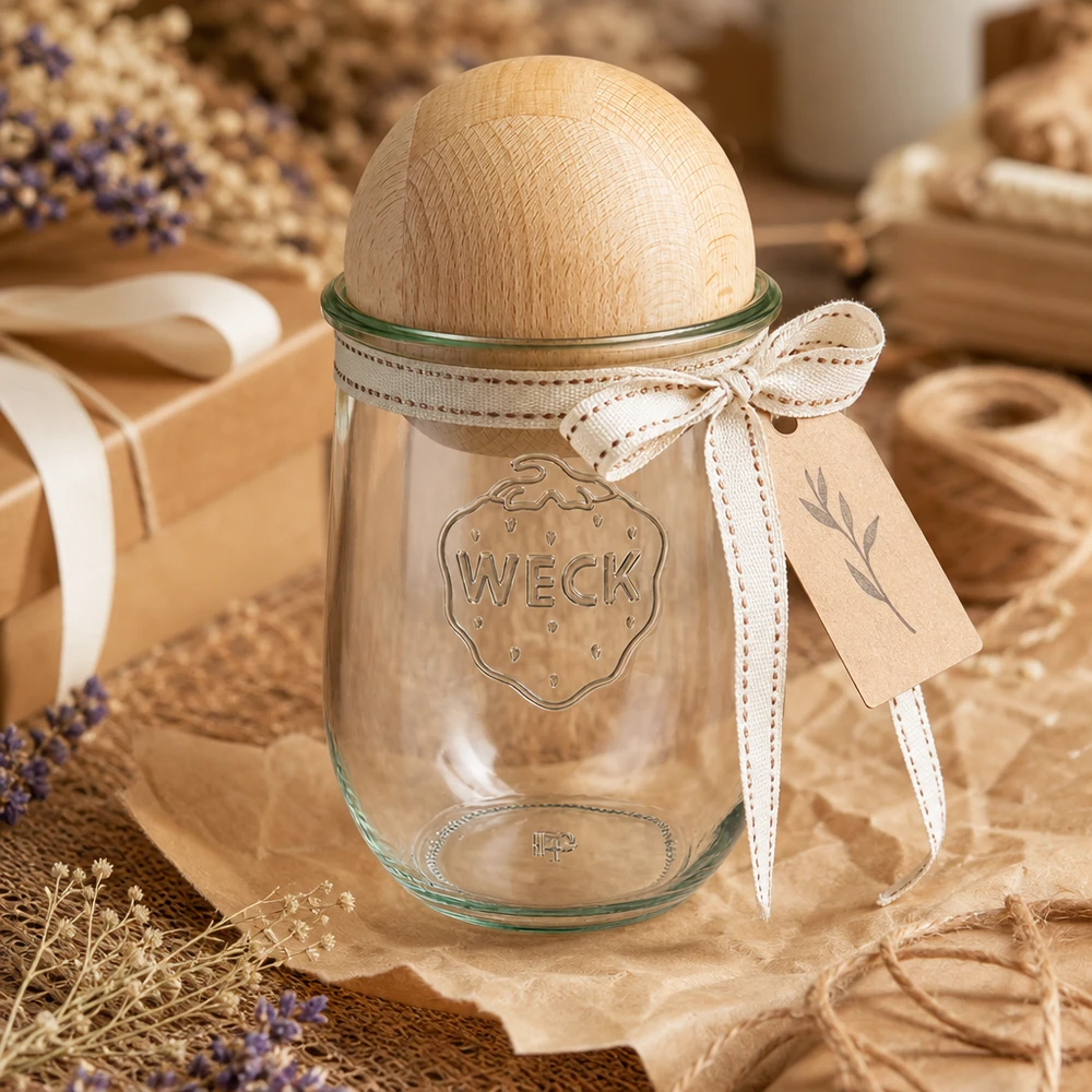 WECK voorraadpot RR100 1062ml met beuken boldeksel in natuurlijke landhuisdecoratie met lavendel en houten lint