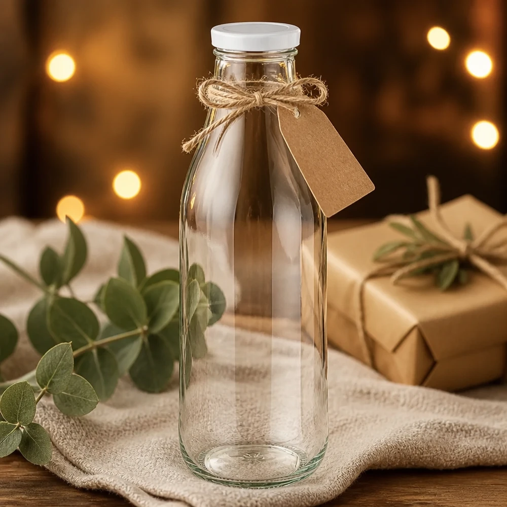 1000ml glazen fles BasicSeal deksel wit geschenkverpakking jute zak eucalyptus decoratie warm licht rustieke presentatie