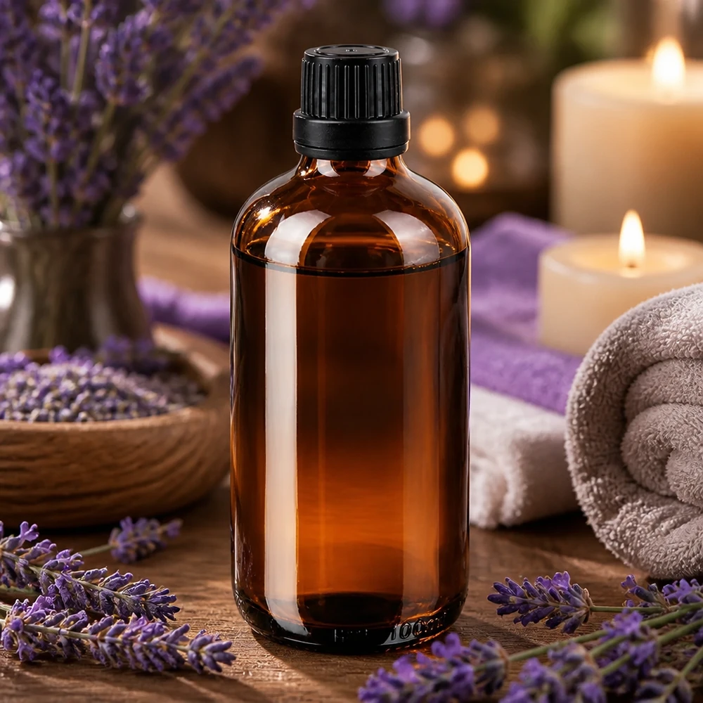 Lichtbestendige fles van 100 ml van bruin apothekersglas met een zwarte doseerdop van 2 mm