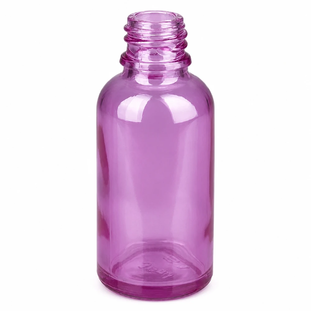 30ml neussprayfles wit/transparant standaard PurpleLine. UT18/30 Flesje van medisch glas 30ml in paarse tint met gestandaardiseerd UT18 schroefdraad