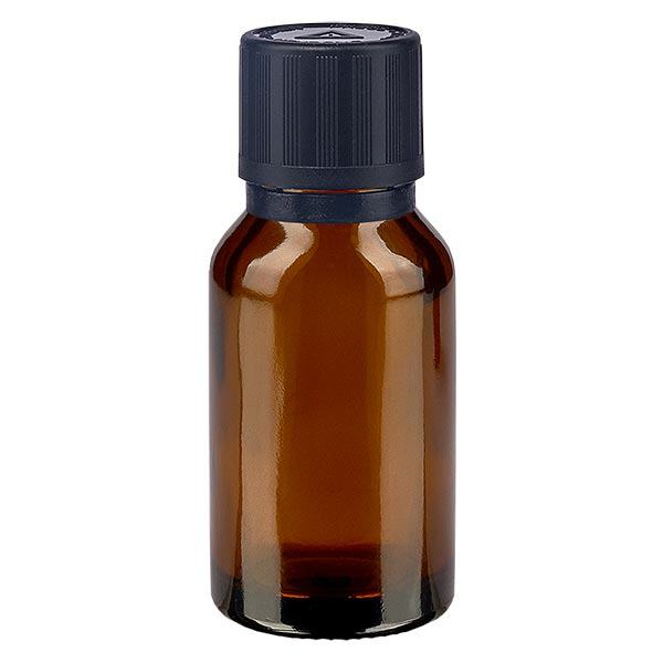 Bruine glazen fles 15ml met zwart druppelsluiting 1mm kinderslot Bliw. VR Bruine glazen fles 15ml met zwart druppelsluiting 1mm kinderslot Bliw. VR