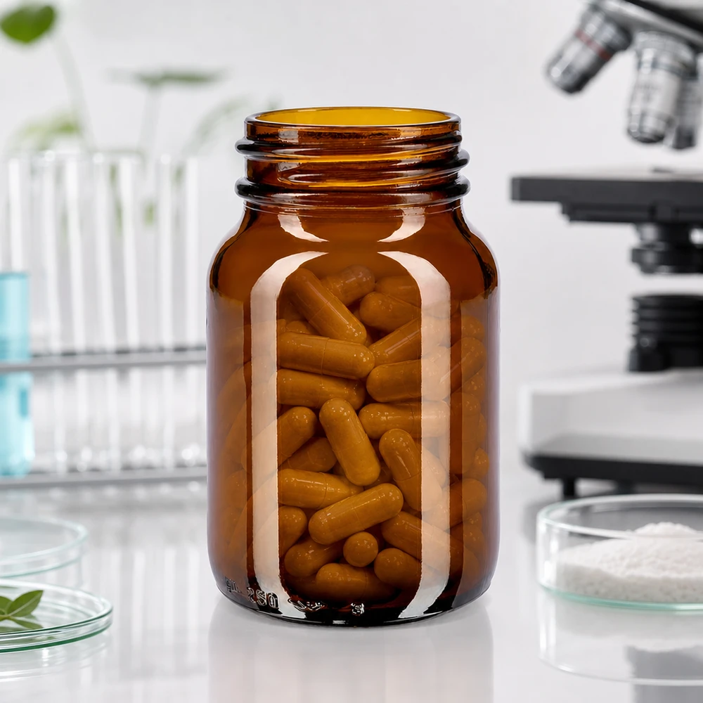 Compacte 250 ml fles met wijde hals van amberkleurig glas, perfect voor laboratoriumtoepassingen en geneesmiddelen