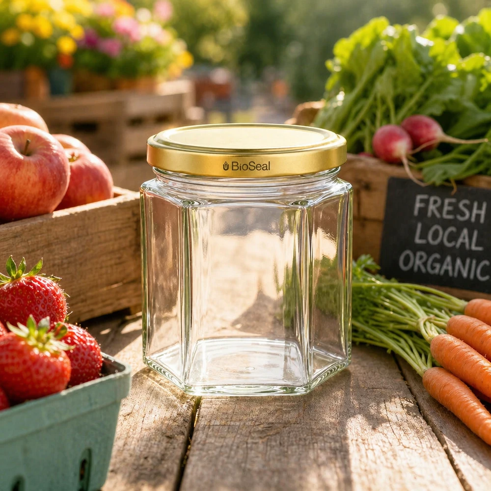 Lege UNiTWIST Hexa47 glazen pot met gouden BioSeal deksel tussen vers biologisch fruit en groenten op een houten tafel