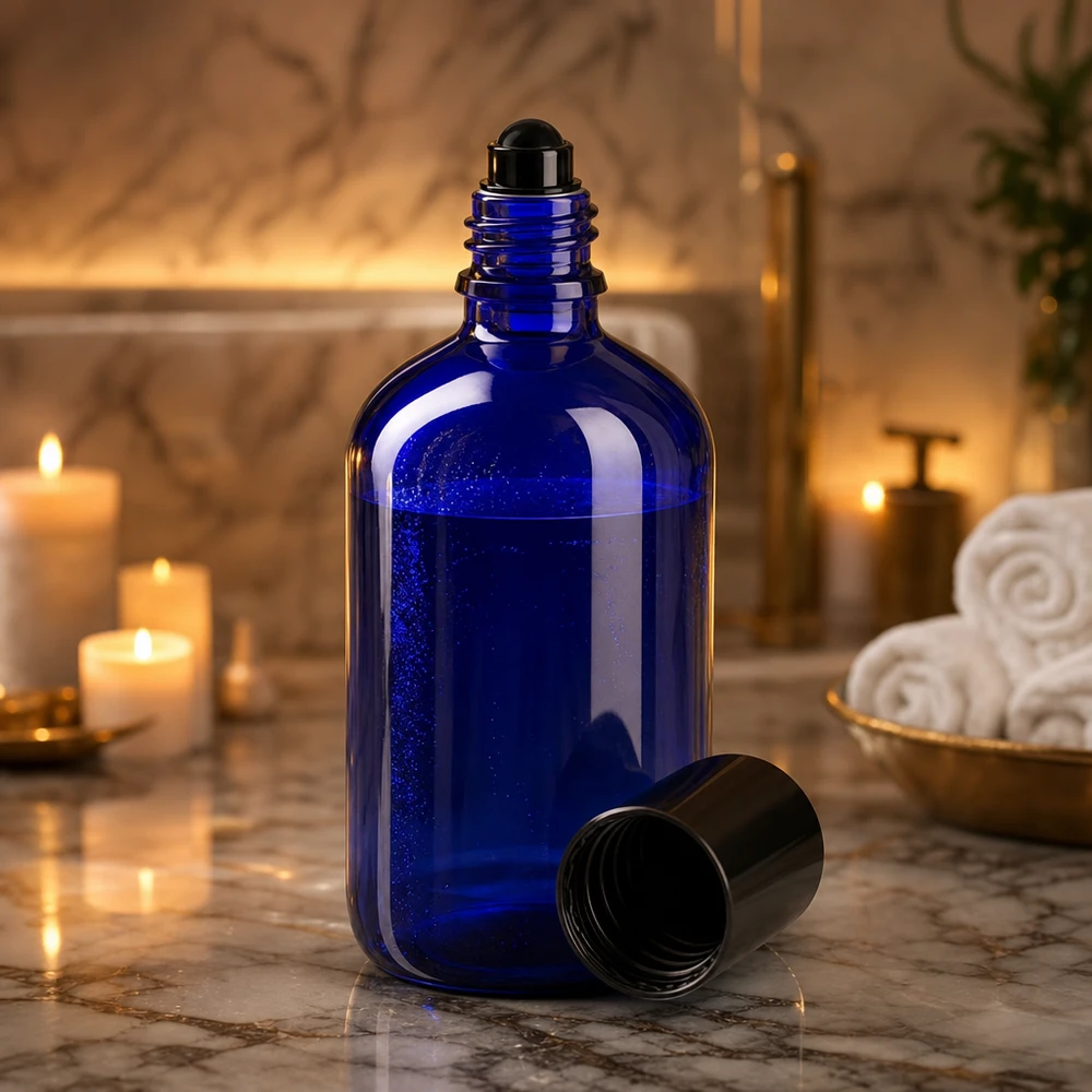 Kobaltblauwe glazen fles van 100 ml met roll-on-dop op marmer, bij warm kaarslicht