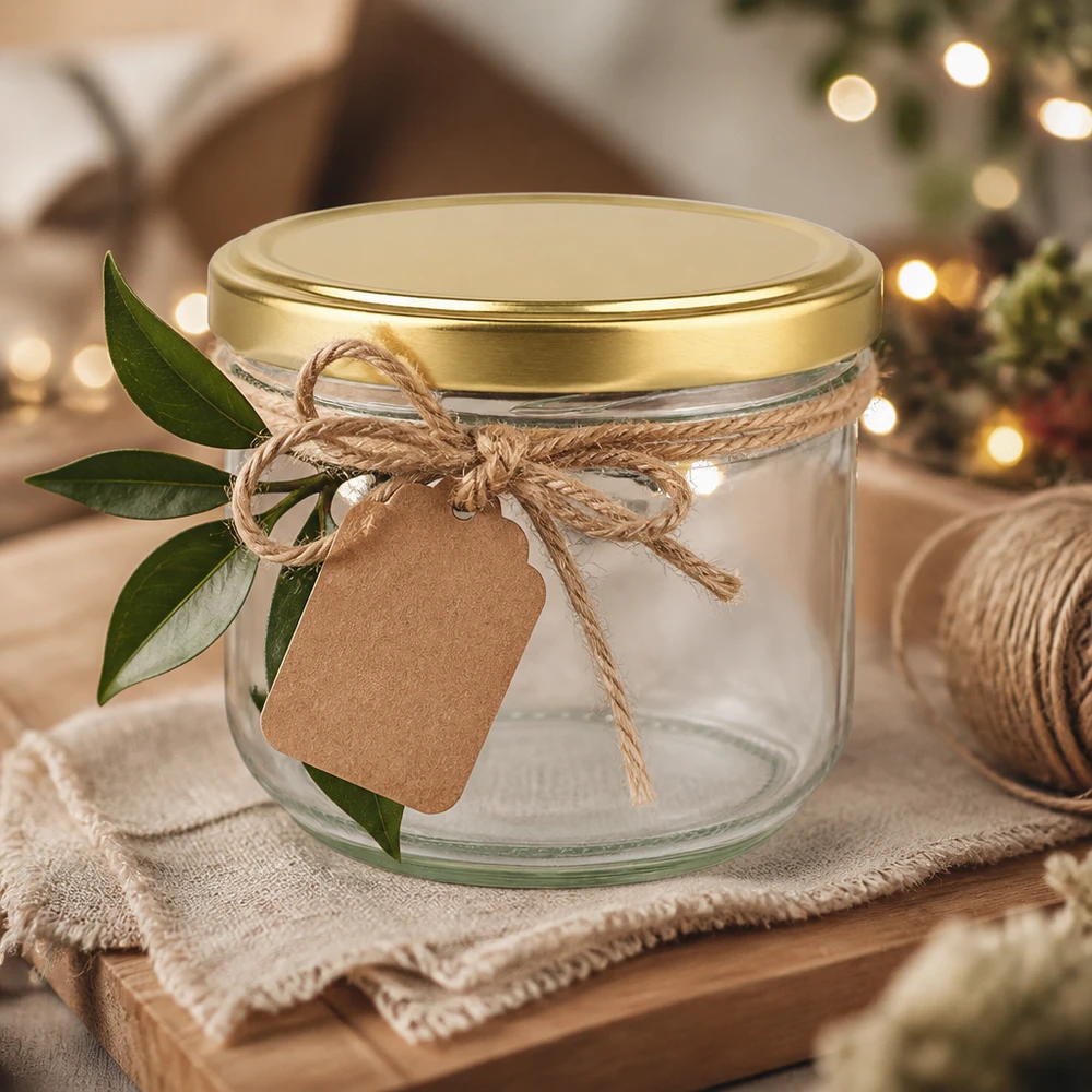260 ml BasicSeal pot met gouden UNiTWIST deksel versierd voor kerst met een raffia lint en cadeaulabel