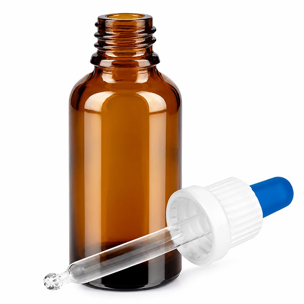 UV-beschermend amberkleurig glazen flesje van 30 ml met ergonomische pipetdop voor eenvoudig aanbrengen