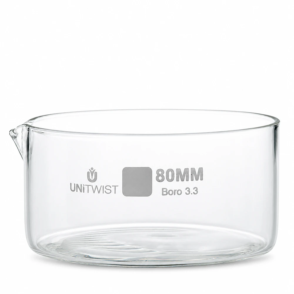 Kristalliseer schaal ø80mm borosilicaatglas UNiTWIST UNiTWIST kristallisatieschaal 80 mm met schenktuit, vervaardigd uit hoogwaardig Boro 3.3-glas