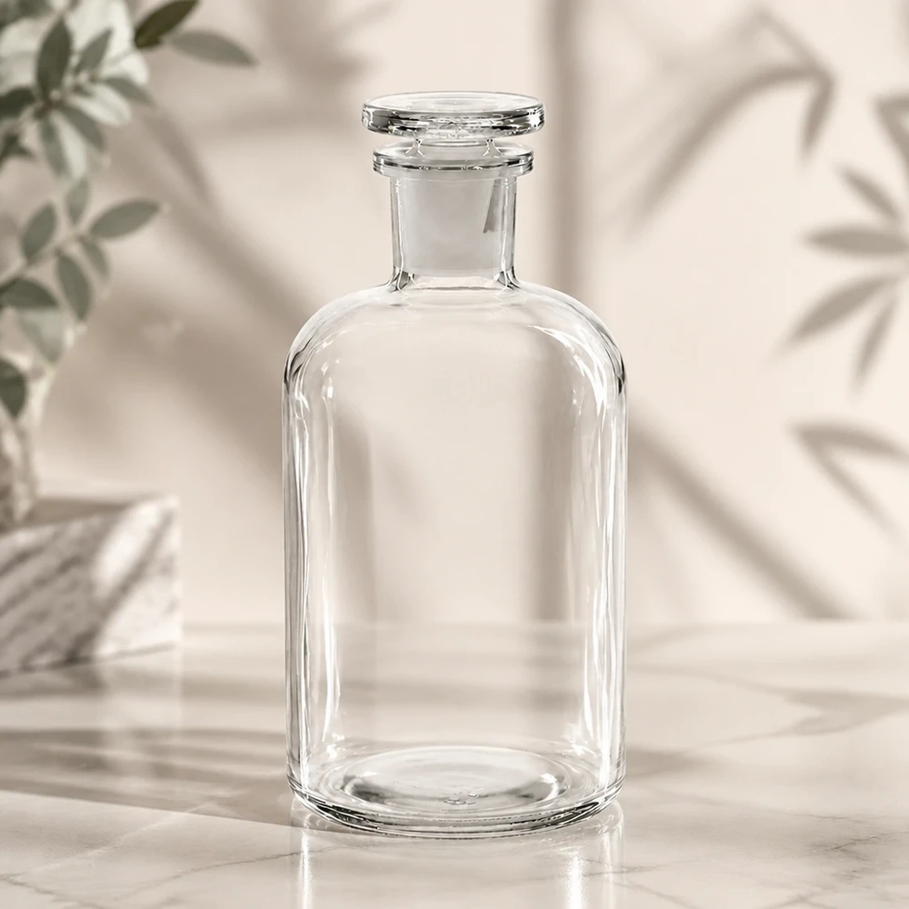Glazen fles van 500 ml met brede bodem, ronde schouders, smalle hals en hermetische glazen stop