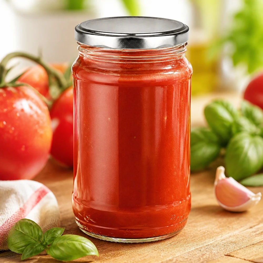 Rond glas van 370 ml + BasicSeal zilver UNiTWIST 370 ml rond glazen potje BasicSeal, zilverkleurig, luchtdicht afgesloten, met zelfgemaakte tomatensaus
