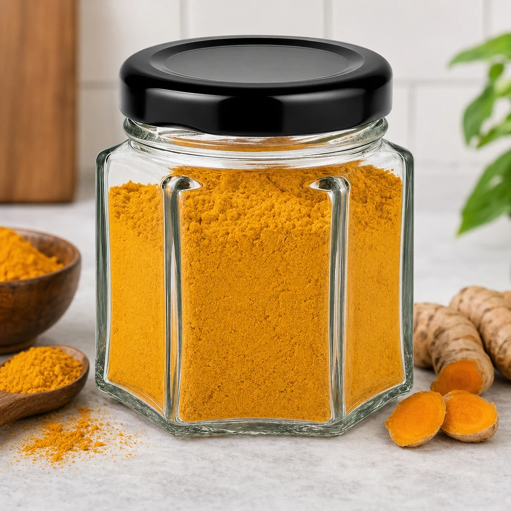 47ml Hexaglas mit schwarzem Deckel gefüllt mit Kurkuma-Pulver neben frischen Kurkuma-Wurzeln in Küchenambiente