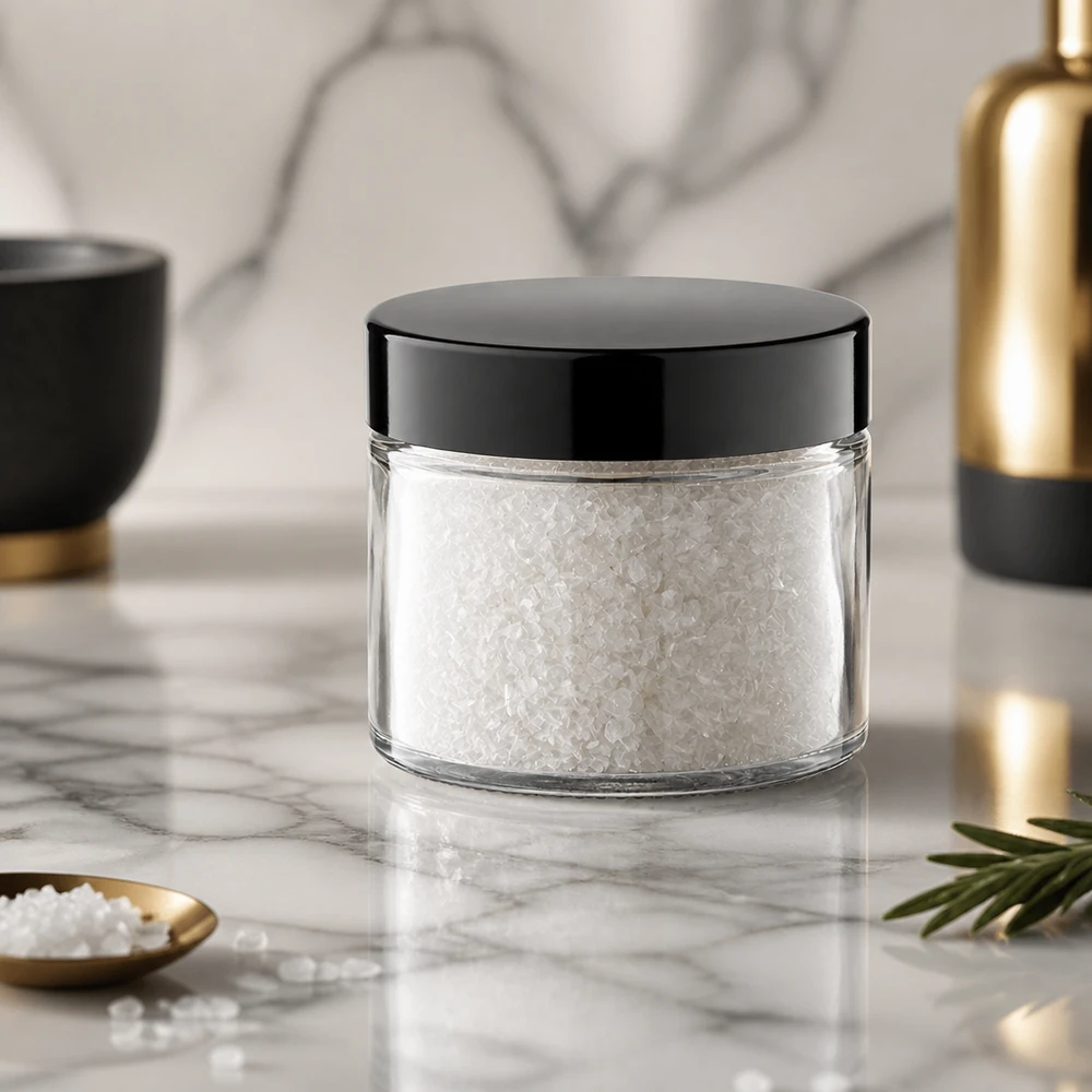 Doorzichtige pot van 30 ml met zwarte schroefdop en wit zout, luxe presentatie
