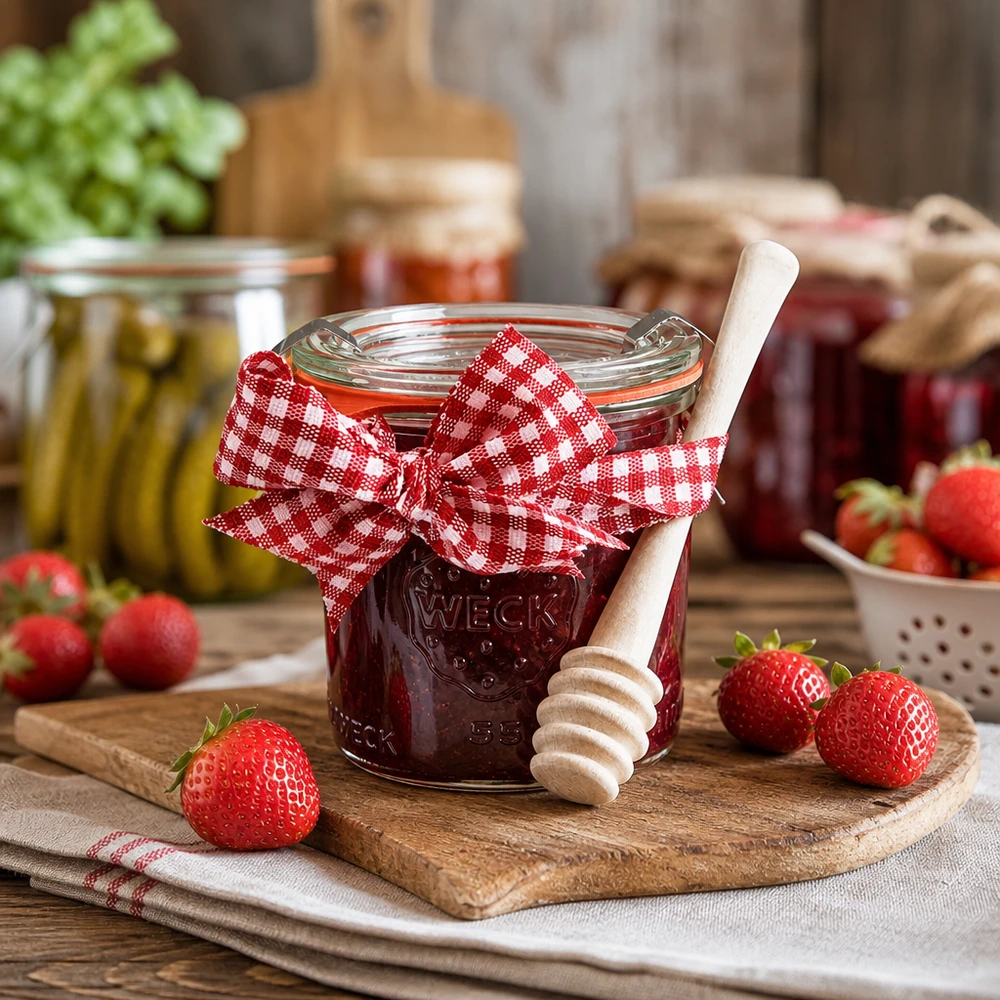 WECK stortglas 140ml compleet met honinglepel en strikje WECK pot 140ml gevuld met aardbeienjam honing lepel hout verse aardbeien rustieke keuken inmaken