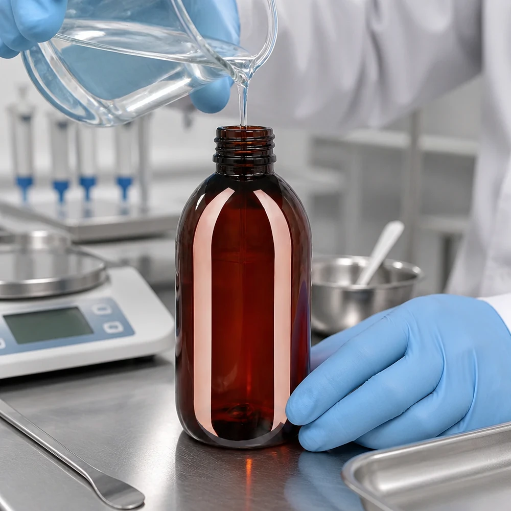 Apotheekster giet vloeistof in een bruine plastic fles van 250 ml met veiligheidsdop