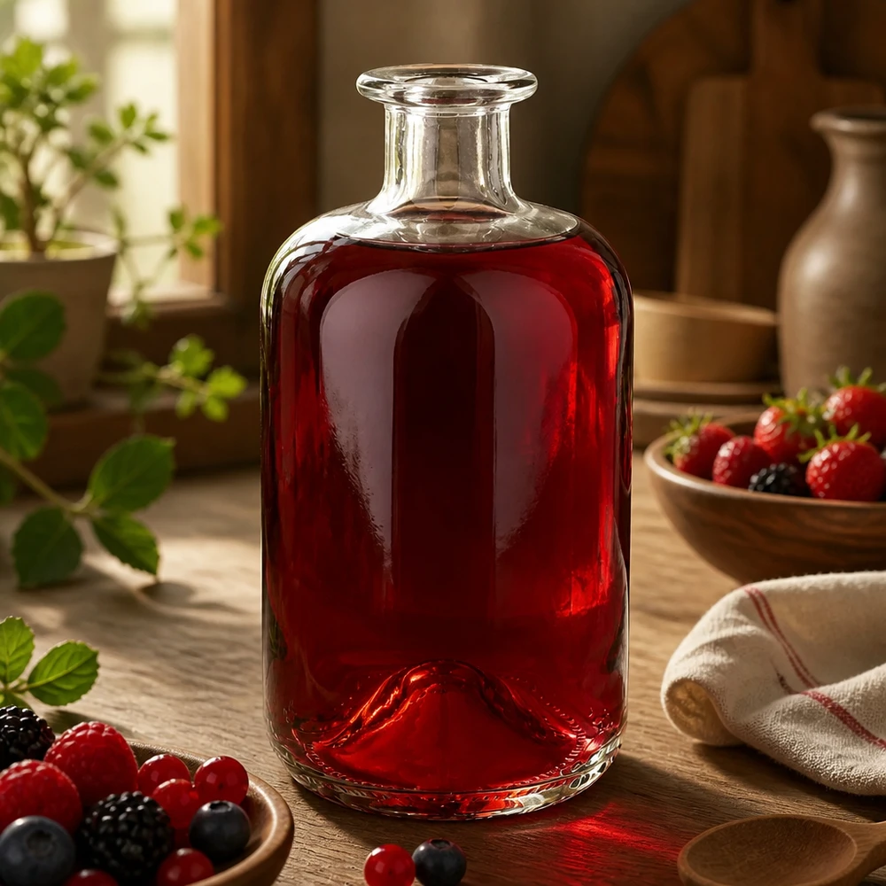 Glazen fles Luna 500ml gevuld met rode bessensap tussen verse bessen op een rustieke houten tafel als decoratieve inspiratie.